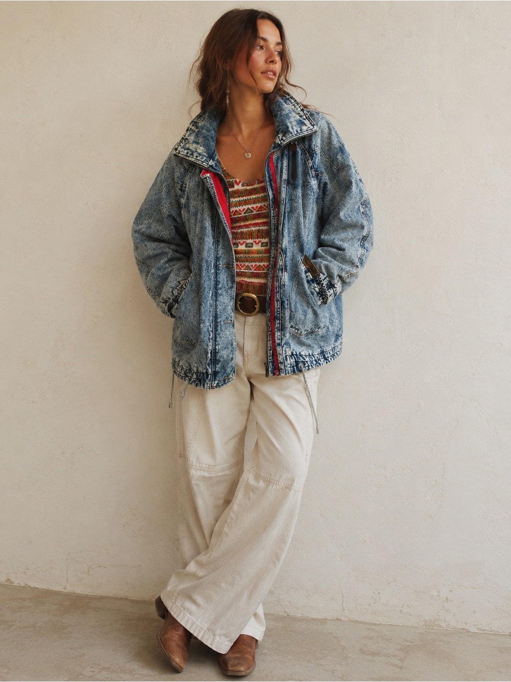 Vintage 80s/90s Acid Wash Denim Jacket with Southwestern Printed Lining & Hood